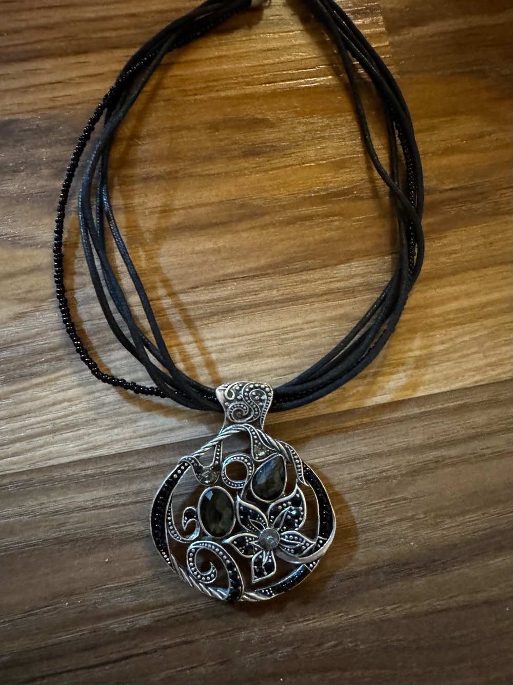 Vintage Black Multi-Strand sparkly Necklace with Silver Filigree Pendant
